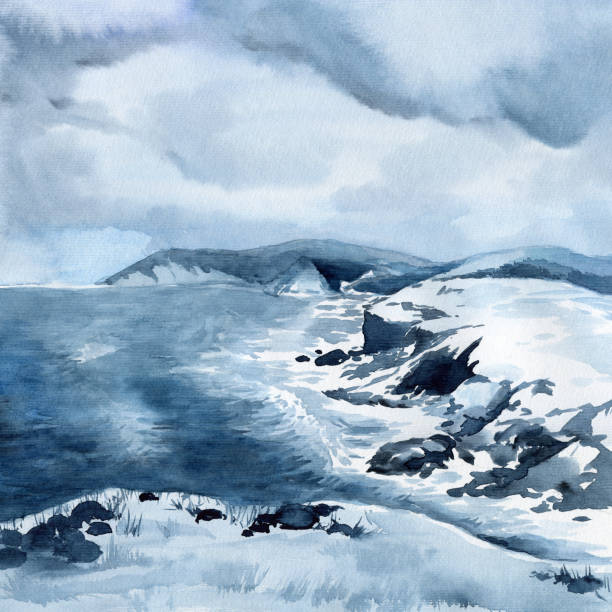 istock Abstract winter landscape with silhouettes of mountains, dark stormy clouds and panoramic view of sea. Watercolor hand drawn painting illustration. 1097328876