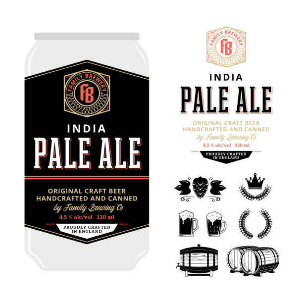 Vector beer label on aluminum can Beer label on aluminum can. Pale ale label. Brewing company branding and identity icons and design elements. red crown logo stock illustrations