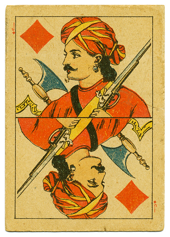 Hindu Jack of Diamonds with a foot soldier, carrying a gun and with a halberd \