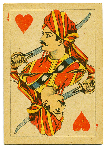 Hindu Jack of Hearts with a foot soldier, wearing a turban and carrying a sword, design. This playing card has square corners, typical of the mid- to late-19th century. Ravi Varma Press began in 1892 but was already deep in debt by 1899. The press was sold and the factory went up in flames in 1972.