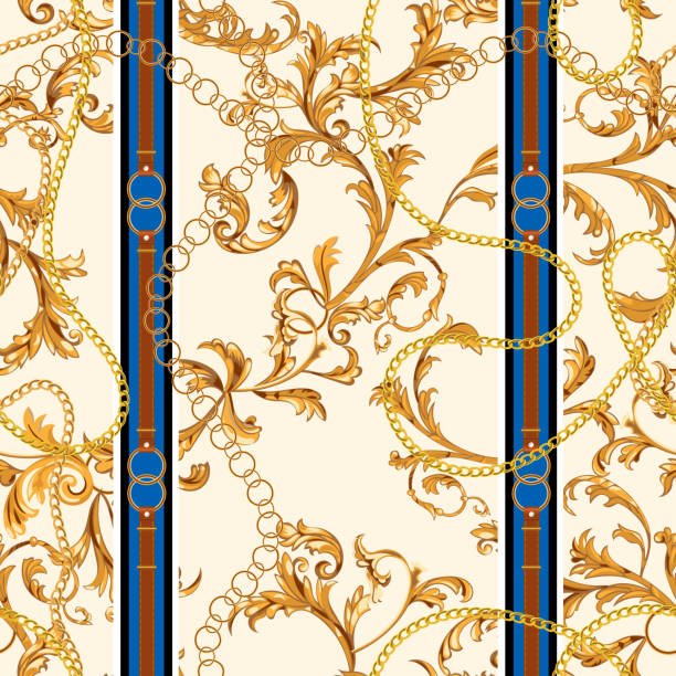 бесшовный узор с золотыми цепями и барочными листьями. векторный пластырь для шарфов, принта, ткани - wallpaper pattern silk pattern rococo style stock illustrations