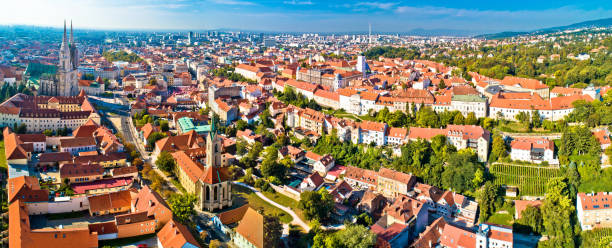 istock Zagreb cathedral and upper city aerial panoramic view 1097337068
