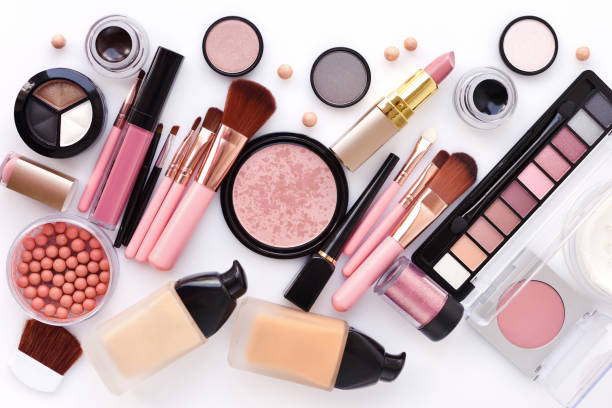 istock Makeup brush and decorative cosmetics on a white background. Top view 1097339016