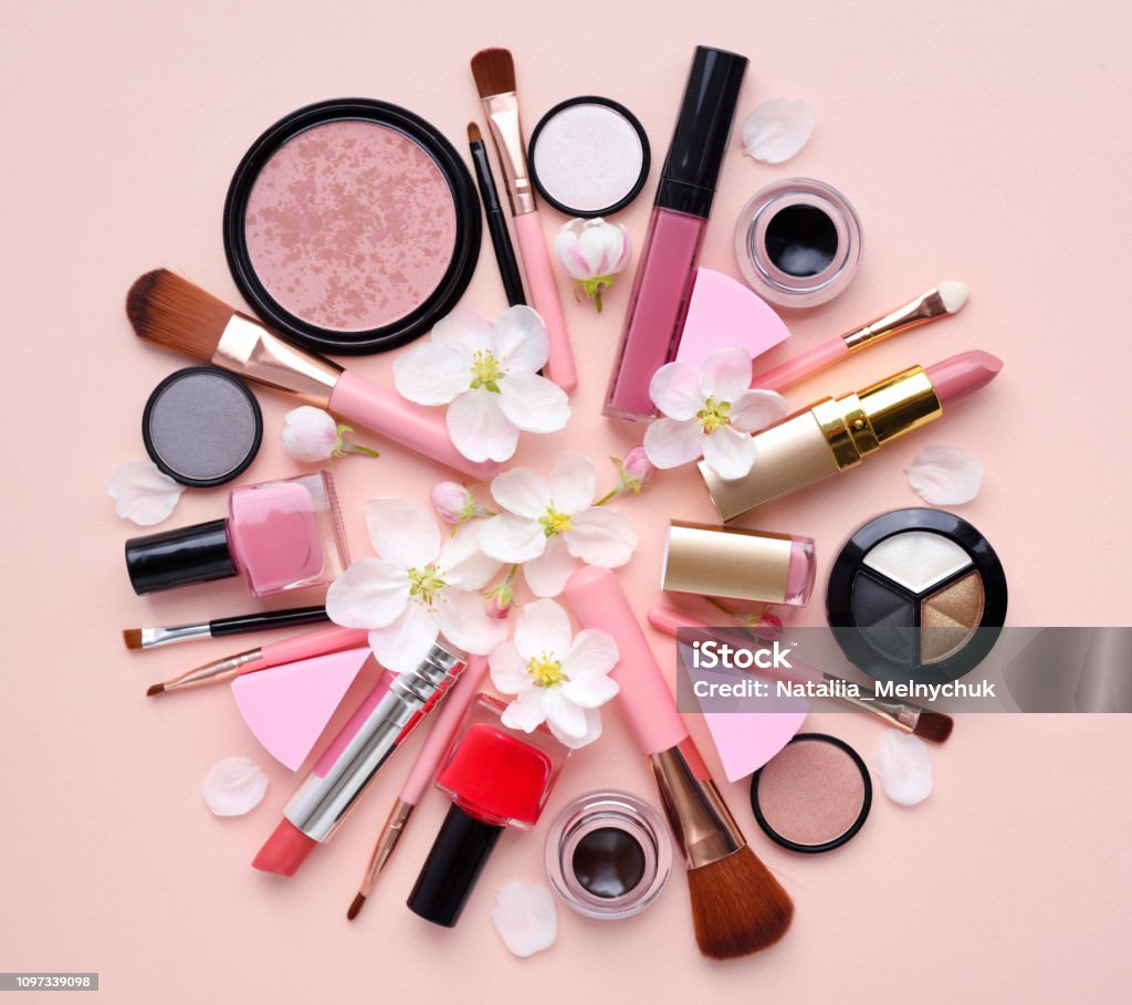 Decorative Cosmetics With Apple Blossom On A Pastel Pink Background With  Empty Space Top View Stock Photo - Download Image Now - iStock