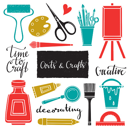 Arts and crafts hand drawn supplies, tools, design elements, icons set isolated on white background