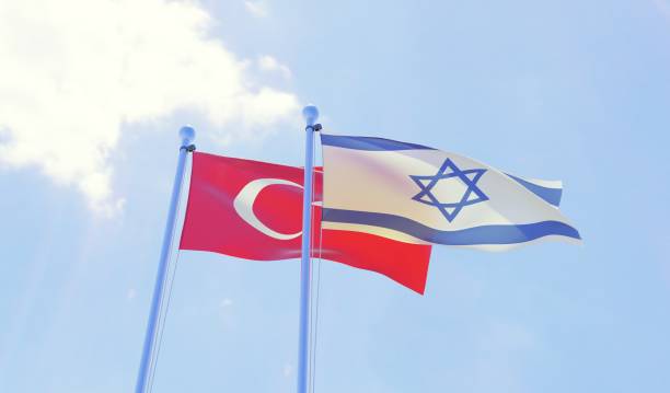 istock Turkey and Israel, two flags waving against blue sky 1097343720