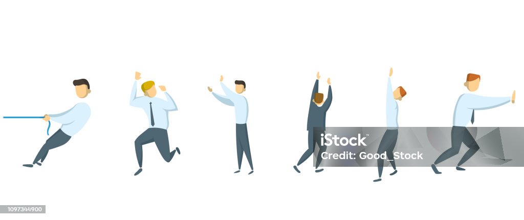 Businessmen in various action poses. Set of characters. Flat design vector illustration. Isolated on white background. Businessman in various action poses. Set of characters. Flat design vector illustration. Isolated on white background. Pushing stock vector