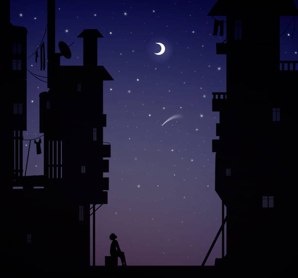 night dreamer, boy sits near the  city houses and look at the stars, dreams vector vector art illustration