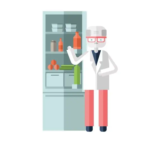 Vector illustration of Scientist in white robe standing in the kitchen or lab. Colorful flat vector illustration. Isolated on white background.