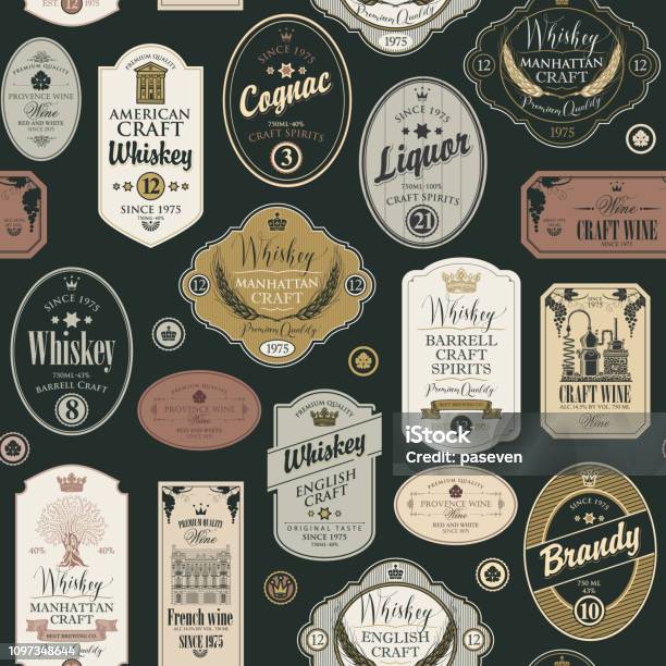 Seamless Pattern With Labels For Alcoholic Drinks Stock Illustration - Download Image Now - Label, Whiskey, Old-fashioned