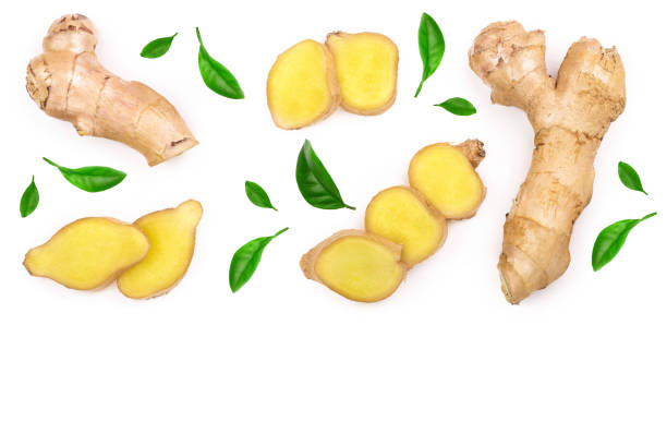 istock fresh Ginger root and slice isolated on white background with copy space for your text. Top view. Flat lay 1097350468