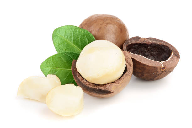 istock Shelled and unshelled macadamia nuts with leaves isolated on white background 1097353250