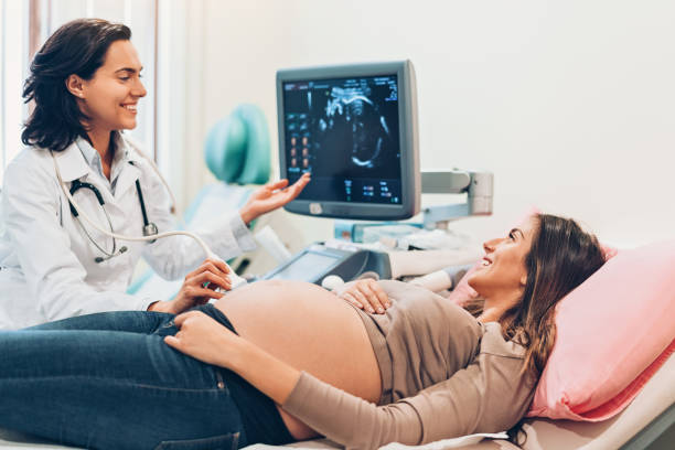 Pregnant woman watching her baby on the ultrasound Female doctor and a pregnant woman during ultrasound exam in the hospital gynaecologist stock pictures, royalty-free photos & images