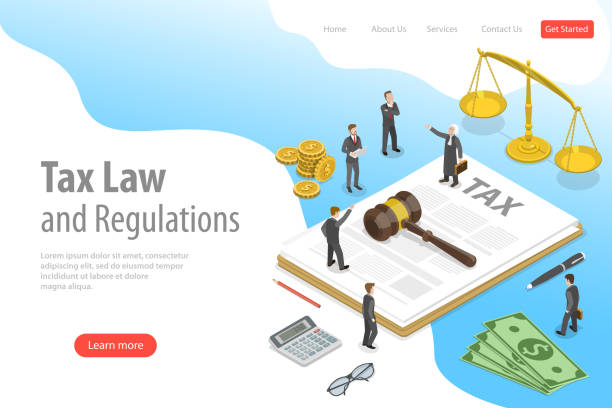 Isometric flat vector landing page template of tax law and regulations. Isometric flat vector landing page template of tax law and regulations, financial advisor, justice. law illustrations stock illustrations