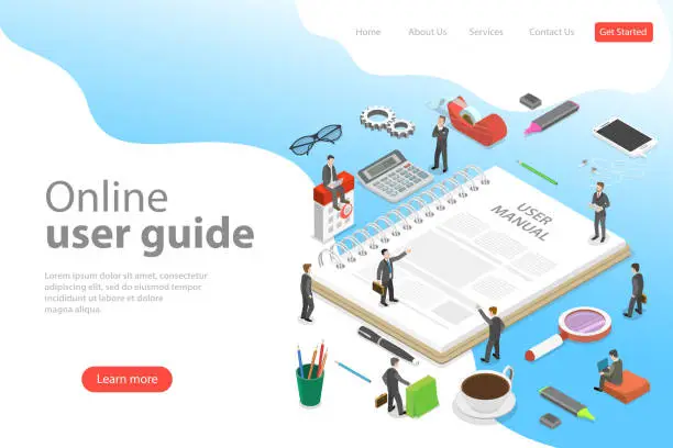 Vector illustration of Isometric flat vector landing page template of user manual, guide.