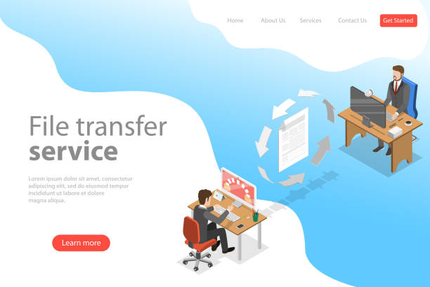 ilustrações de stock, clip art, desenhos animados e ícones de isometric flat vector landing page template of file transfer service. - smart phone technology file sharing