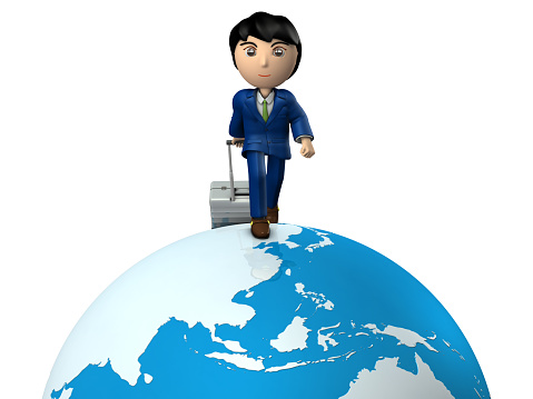 A young businessman traveling the world by pulling suitcase. Great globe. Asia. White background. 3D illustration.