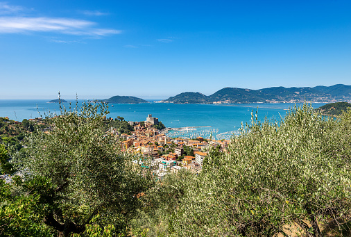 Lerici town and Portovenere or Porto Venere in the background with the Palmaria Island. In the Gulf of La Spezia, Liguria, Italy, Europe