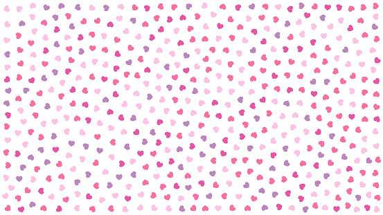 Cute hearts. Background with small hearts. Pattern with small purple pink hearts on white background. Template for greeting card Happy Valentines day, textile design, love concept. Vector illustration