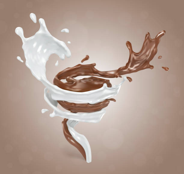 illustrazioni stock, clip art, cartoni animati e icone di tendenza di spruzzo di latte e cioccolato. illustrazione vettoriale realistica su sfondo beige. - white background freshness variation brown