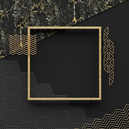 Un marco de borde cuadrado en piedra de mármol con un fondo oscuro y textura elementos oro. Copia espacio. Composición geométrica abstracta. photo