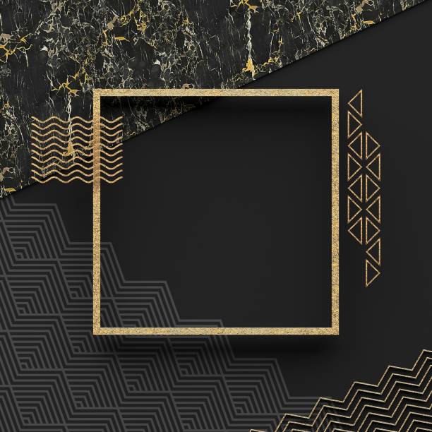 A square border frame on marble stone with a dark background and textured gold elements. Copy space. Abstract geometric composition.