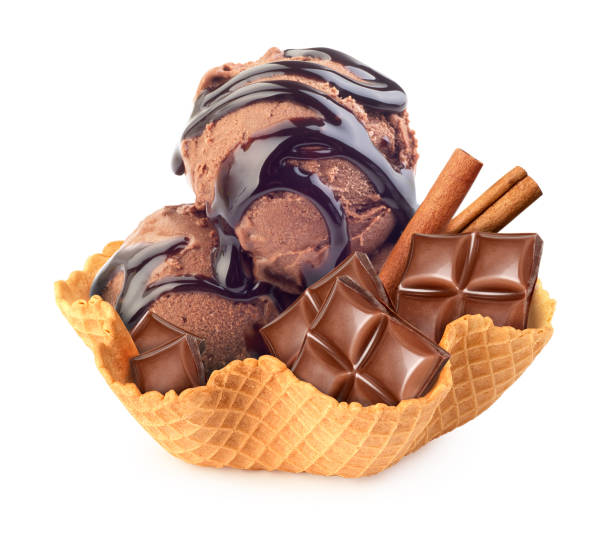 chocolate ice cream with cinnamon in a waffle basket