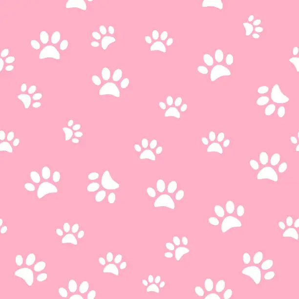 Vector illustration of Light marks on a pink backdrop. Vector seamless pattern and background with icons footprint to cat