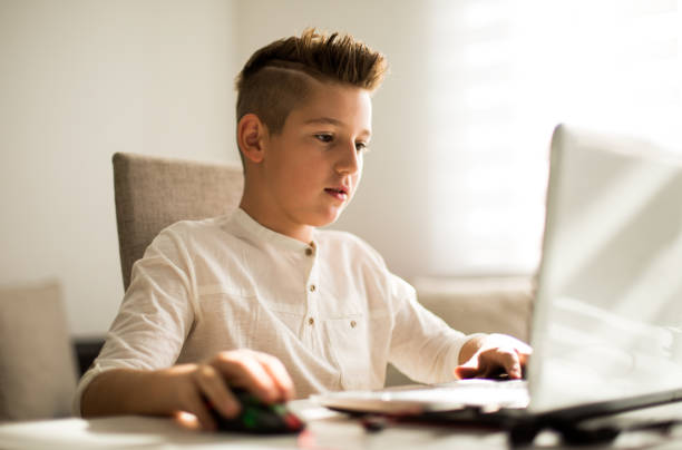 Teenage boy using laptop for homework stock photo