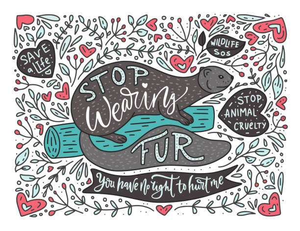 Stop wearing fur. Stop wearing fur. Hand drawn illustration with mink and lettering. Ban. Protect the animals. Cartoon detailed vector illustration. fur protest stock illustrations