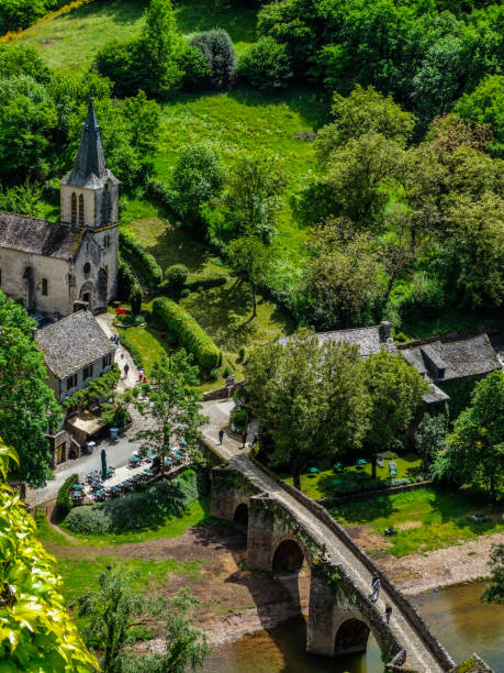 Belcastel, medieval church and bridge, aerial view, Aveyron, France