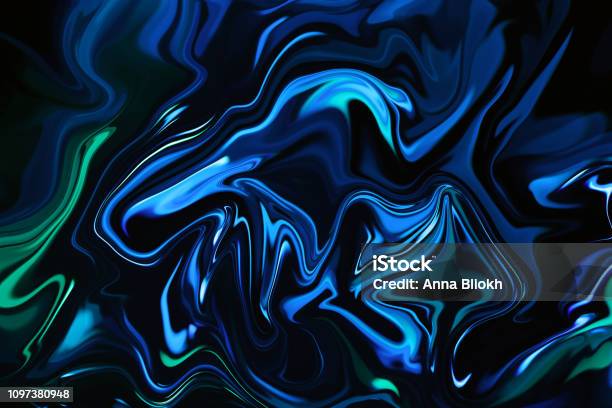 Marble Neon Blue Green Abstract Texture On Black Background Multi Colored Pattern Paper Trendy Colors Colorful Gradient Distorted Macro Photography Stock Photo - Download Image Now