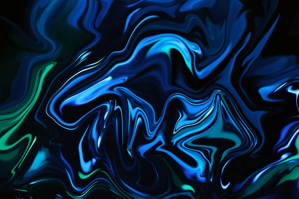 neon azul textura abstrata verde sobre fundo preto multi cor padrão papel na moda cores colorida de mármore gradiente distorcida macro fotografia - ink water blue liquid - fotografias e filmes do acervo