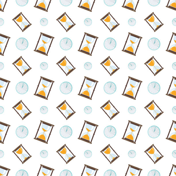 Flat vector Seamless pattern with hourglass icons Seamless pattern with hourglass icon. Time measurement. Old fashioned sand clock. Flat vector printed pattern for fabric, curtains or bedding. For home textiles, wrapping paper, clothes. time designs stock illustrations
