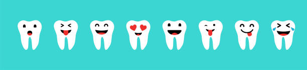 istock Set of Teeth with emotions in white color on blue background. Happy Teeth set. Tooth icons 1097382704