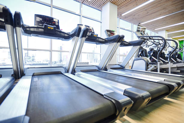 istock Modern treadmills in gym 1097384972
