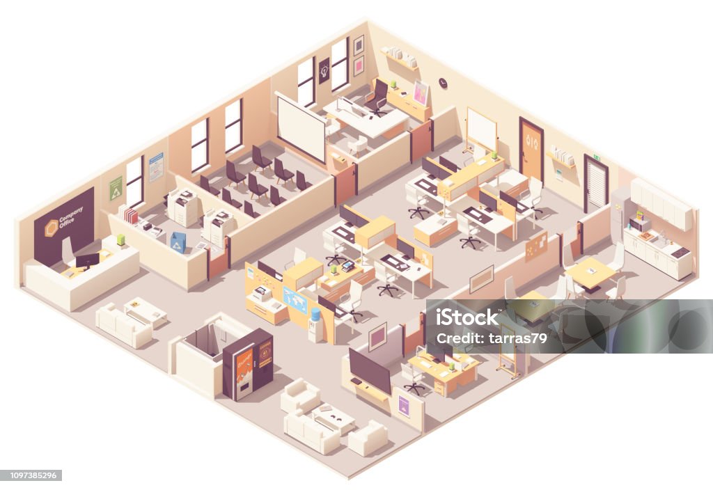 Vector isometric office interior plan Vector isometric corporate office interior plan. Reception, elevator, conference room, presentation room, executive or CEO office, workplaces with computers, kitchen, relax area and office wquipment Office stock vector