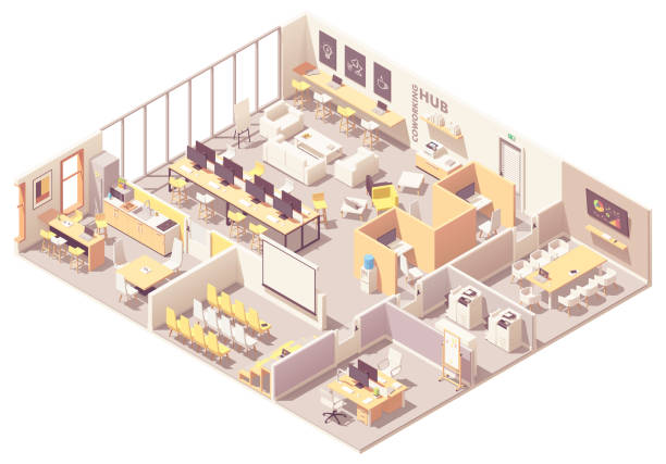 벡터 공간 인테리어 계획 coworking 아이소메트릭 - office isometric built structure inside of stock illustrations