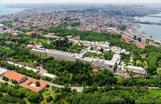 Aerial view from helicopter to Topkapi Palace on Historic Golden Horn Bay of Istanbul, Turkey.