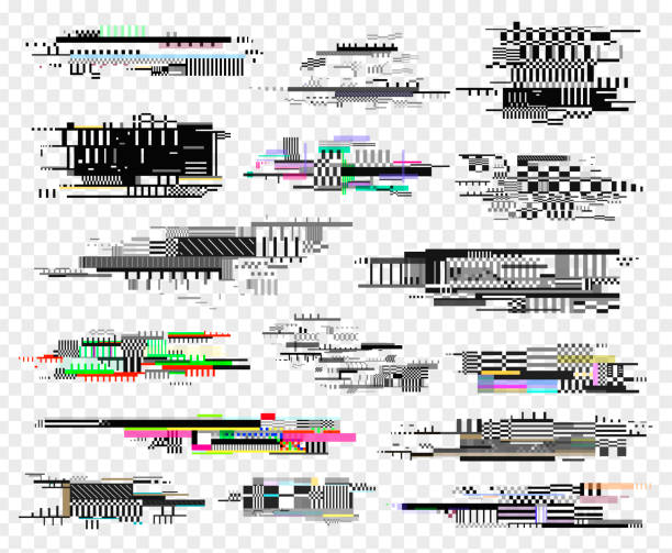 illustrazioni stock, clip art, cartoni animati e icone di tendenza di elementi glitch design di stile realistico, errore dello schermo - glitch tecnica fotografica