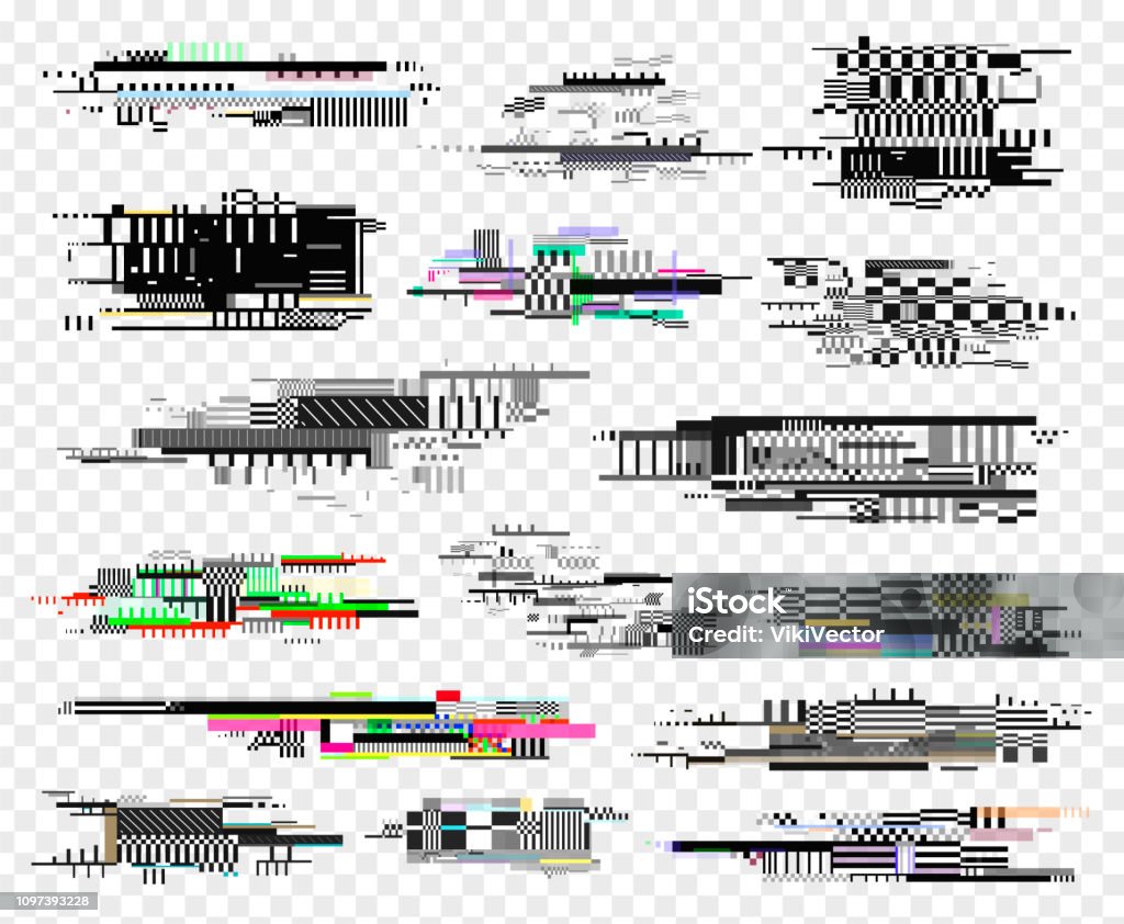 Glitch elements realistic style design, screen error Glitch elements realistic style design, screen error or damage. False or spurious TV electronic signal. Vector illustration Problems stock vector