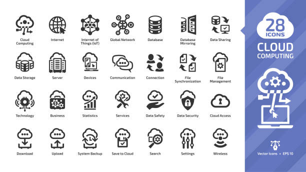Cloud computing glyph icon set with network data server and internet technology, database platform digital system symbol. vector art illustration