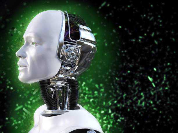 istock 3D rendering of male robot with green bokeh light effect. 1097401960