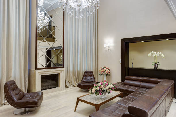 istock Living room with fireplace and big mirror over. 1097403696
