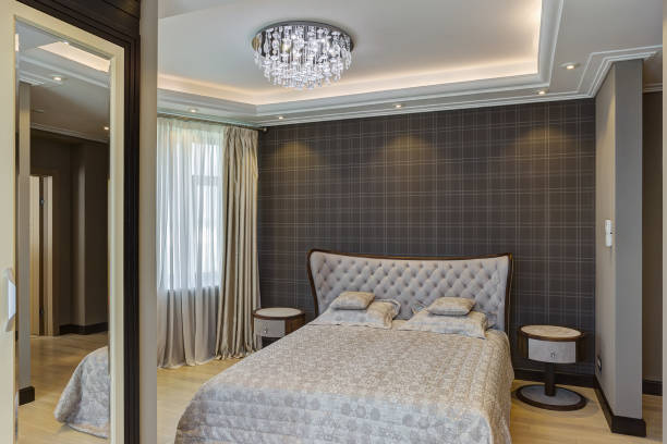 istock Bedroom in gray color and wall in checked print. 1097403980