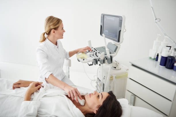 istock Smiling doctor doing thyroid ultrasound test for young woman 1097405678
