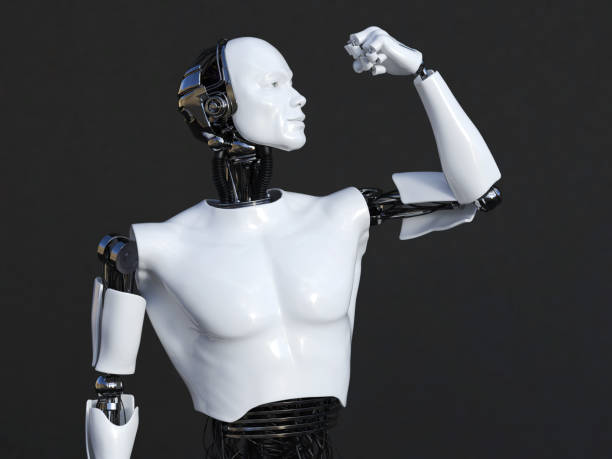 3D rendering of male robot flexing his bicep muscle. Dark background.