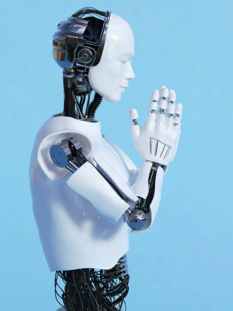 Side view of a male robot doing a namaste greeting