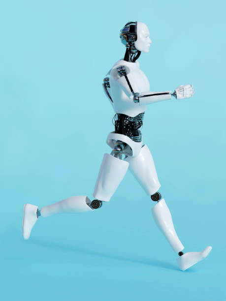 istock 3D rendering of a male robot running 1097408542