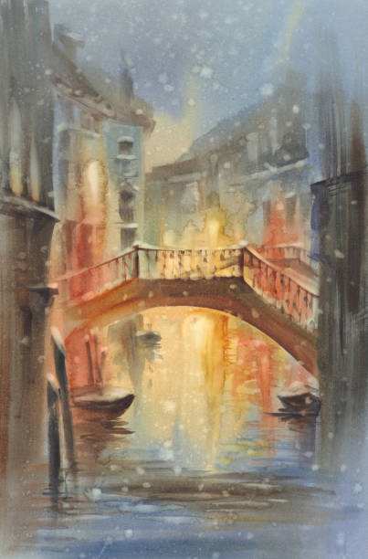 istock Venetian night lights with snow watercolor landscape. A canal with gondolas under the bridge 1097411800